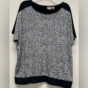 Chico's Black Women's Top SZ XL 3 animal print short sleeves banded waistband.
